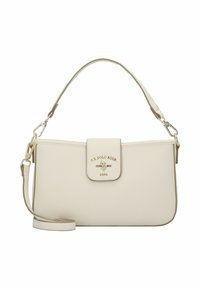 Beige läderhandväska med texturerad yta, guldfärgade detaljer, lockstängning och justerbar axelrem. Har U.S. Polo Assn.-logotyp på framsidan.
