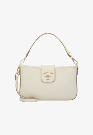 Beige läderhandväska med texturerad yta, guldfärgade detaljer, lockstängning och justerbar axelrem. Har U.S. Polo Assn.-logotyp på framsidan.
