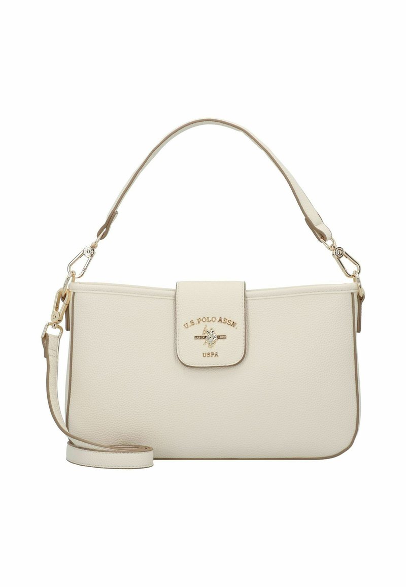 Beige läderhandväska med texturerad yta, guldfärgade detaljer, lockstängning och justerbar axelrem. Har U.S. Polo Assn.-logotyp på framsidan.