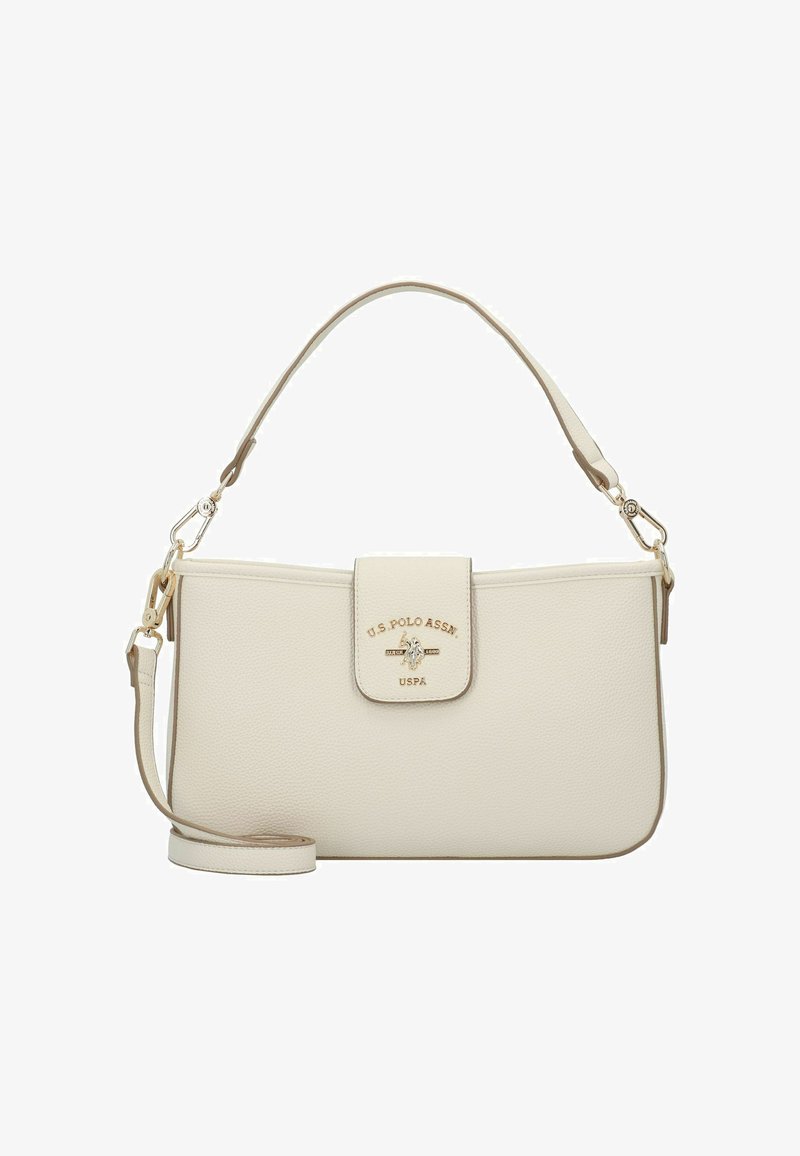 Beżowa skórzana torebka o fakturowanej powierzchni, złote okucia, zapięcie na klapę oraz regulowany pasek. Z przodu widoczne logo U.S. Polo Assn.