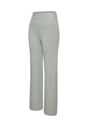 Light grey, high-waisted, wide-leg pants in a soft, textured fabric with a smooth waistband and no visible hardware.