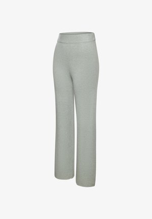 Heledad hallhalli, kõrge vöökohaga, laiade jalgadega püksid pehmest, tekstuurilisest kangast, millel on sile vöökoht ja nähtamatud kinnitusdetailid.