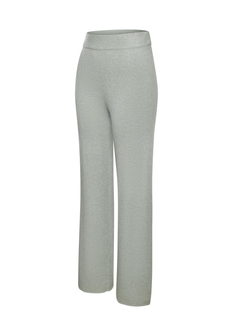 Gaišs pelēks, augsto jostasvietu, platu kāju bikses, izgatavotas no maiga, teksturēta auduma ar gludu jostasvietu un bez redzamām detaļām.