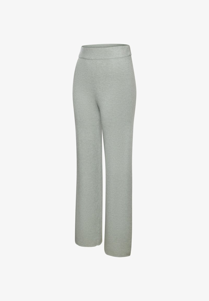 Gaišs pelēks, augsto jostasvietu, platu kāju bikses, izgatavotas no maiga, teksturēta auduma ar gludu jostasvietu un bez redzamām detaļām.