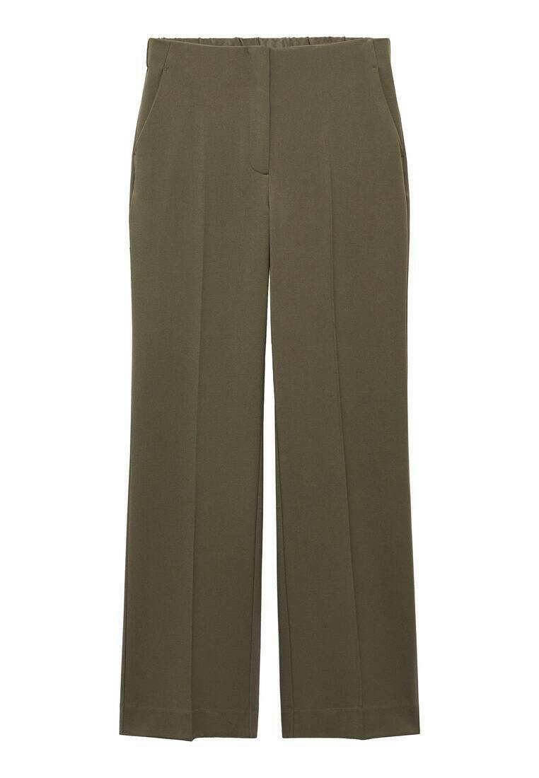 Pantaloni a vita alta di colore verde oliva, realizzati in un tessuto morbido, con tasche laterali e un design ampio e rilassato.