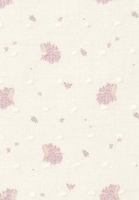 Tissu blanc avec un motif de petits hérissons floraux roses, des feuilles brun clair et des petits points texturés blancs répartis de manière uniforme.