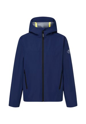 Marineblaue Kapuzenjacke mit durchgehendem Reißverschluss, zwei seitlichen Reißverschlusstaschen und dezentem Markenschriftzug am linken Ärmel.