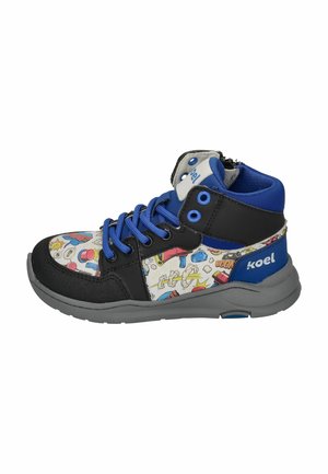 High-top sneaker with black and blue panels, comic-style graphic patterns on fabric, blue laces, and gray sole, branded "koel" on heel.
