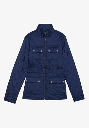 Marineblauwe gewatteerde jas met hoge kraag, voorrits, twee borstzakken met kleppen, ceintuur in de taille en een gestructureerd ruitpatroon.