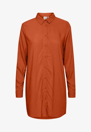 Rozsdaszínű, hosszú ujjú, gombos ing klasszikus gallérral, sima textúrával és egyenes szegéllyel.