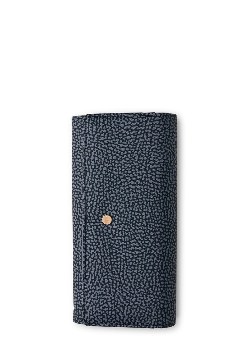 Folded wallet in dark blue textured material with a subtle pattern, featuring a gold accent button. Compact rectangular shape.