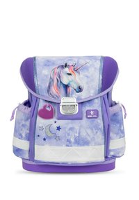Lila Rucksack mit Einhornmotiv, Stern- und Mondakzenten, reflektierendem Streifen und einem herzförmigen Anhänger. Hergestellt aus strapazierfähigem Stoff mit Netzdetails.