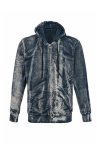 Donkerblauwe capuchontrui met ritssluiting, voorzien van lichtblauwe abstracte patronen en handgeschreven details; inclusief trekkoorden en zijzakken.