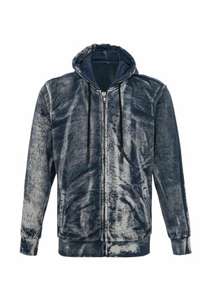 Kapuzensweatshirt mit Reißverschluss in Dunkelblau mit hellblauen abstrakten Mustern und handschriftlichen Details; verfügt über Kordelzüge und seitliche Taschen.