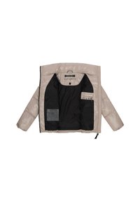 Beige pufferjack met een zwarte voering, voorzien van een ritssluiting, twee binnenzakken en een label met de merknaam.