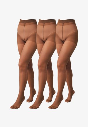 Trois paires de collants marron transparents portées sur le bas du corps avec une taille haute et un bout renforcé, debout côte à côte sur un fond blanc.