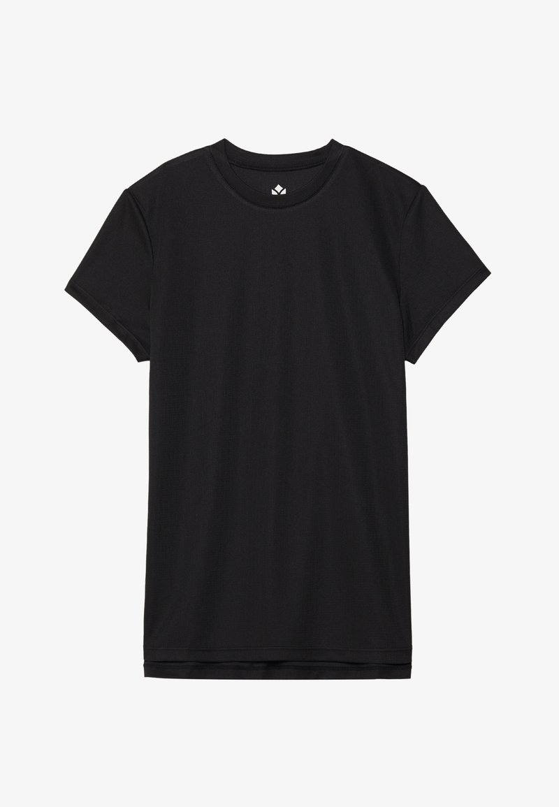 T-shirt preta de manga curta feita de tecido liso. Apresenta um decote redondo e é lisa, sem padrões ou detalhes.