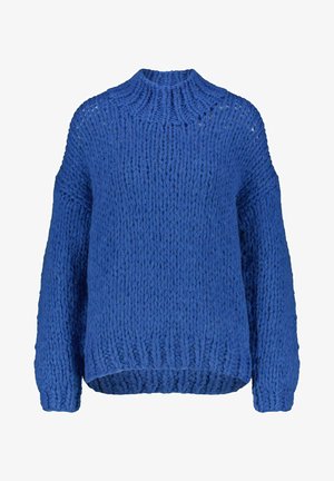 Maglione blu lavorato a maglia largo con collo alto, trama spessa del filato, spalle scese e orlo a coste, caratterizzato da una vestibilità oversize.