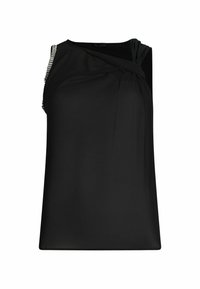 Black sleeveless top featuring a draped design on the front and a textured strap with metallic accents on one shoulder. Smooth fabric.