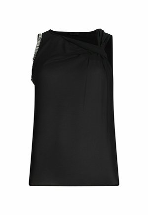 Black sleeveless top featuring a draped design on the front and a textured strap with metallic accents on one shoulder. Smooth fabric.