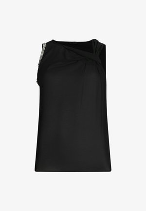 Zwarte mouwloze top met een gedrapeerd ontwerp aan de voorkant en een gestructureerde band met metalen accenten op één schouder. Gladde stof.