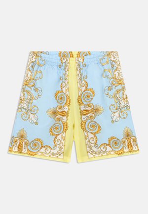 Blauwe en gele zwemshorts met een ingewikkeld gouden paisley-patroon, een elastische tailleband en een gladde textuur.