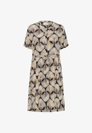 Kortsleeveklänning i svart tyg med ett beige och guldbladsmönster, med midjeinsnörning och knapprad vid halsringningen.
