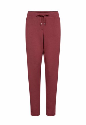 Bordeauxrote Jogginghose aus weichem Stoff mit einem Tunnelzugbund, schmaler Passform, elastischen Bündchen und ohne sichtbare Muster oder Akzente.