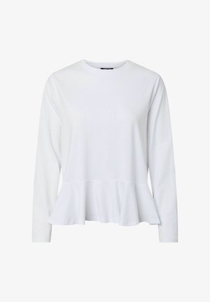 Hvit langermet topp laget av mykt stoff, med peplumkant og en glatt tekstur samt rund hals.