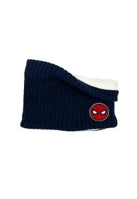 Marineblauwe geribbelde gebreide muts met een witte omslag, uitgerust met een rood en zwart geborduurd Spider-Man-logo aan de zijkant. Zachte, gestructureerde stof.