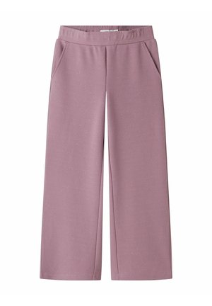 Pantalons à jambes larges en tissu doux et texturé ; couleur mauve atténuée avec un motif subtil en points ; dispose de poches latérales et d'une taille élastique.