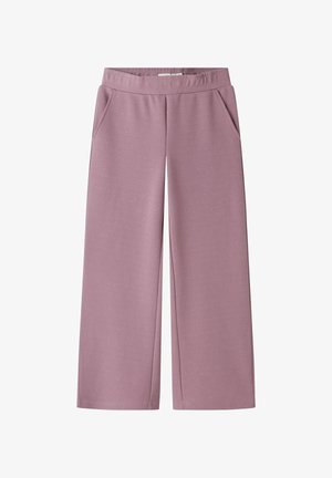 Weite Hosen aus weichem, strukturiertem Stoff; in sanftem Mauve mit dezentem gesprenkeltem Muster; ausgestattet mit seitlichen Taschen und einem elastischen Bund.