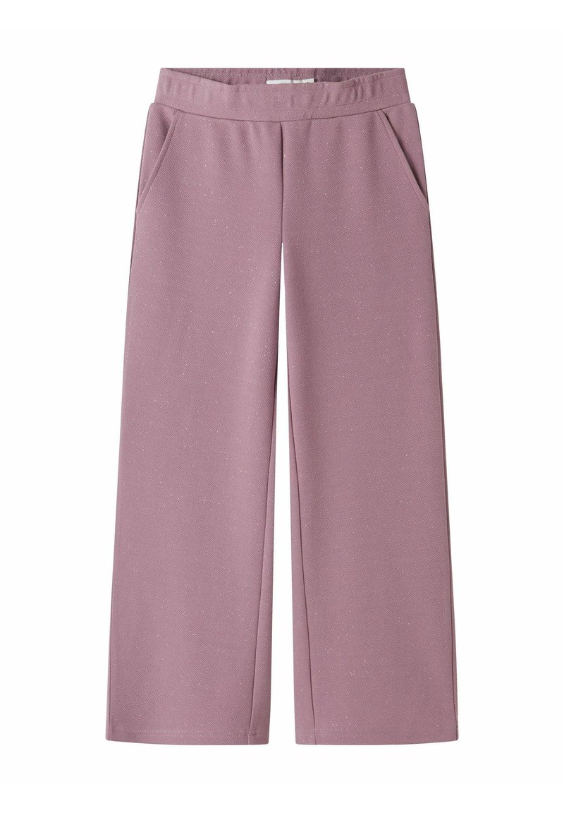 Pantalons à jambes larges en tissu doux et texturé ; couleur mauve atténuée avec un motif subtil en points ; dispose de poches latérales et d'une taille élastique.