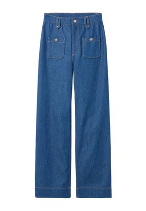 Pantaloni a gamba larga in denim blu medio, dotati di due tasche frontali con chiusura a bottone e cuciture visibili sulle cuciture.