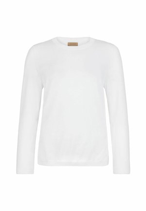 Weißer Langarm-Pullover mit Rundhalsausschnitt, geradem Saum und einem kleinen hellbraunen Etikett an der Innenseite des Ausschnitts.