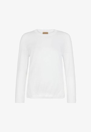 Maglione bianco a maniche lunghe con scollo rotondo, orlo dritto e una piccola etichetta beige all'interno della scollatura.