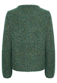 Grön stickad tröja med en texturerad yta, med rund halsringning och långa ärmar, som visar flerfärgade prickar genom hela plagget.