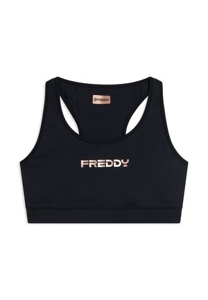 Sujetador deportivo negro con diseño de espalda racer y logo "FREDDY" impreso en letras metálicas en el centro delantero.