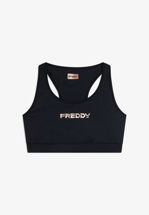 Reggiseno sportivo nero con design racerback e logo "FREDDY" stampato in lettere metalliche al centro davanti.