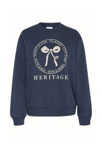 Námořnická modrá bavlněná mikina s kulatým designem a béžovou stužkovou grafikou se slovem "HERITAGE" na spodní části. Hladké manžety a lem.