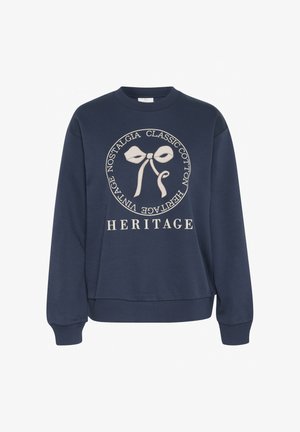 Felpa in cotone blu navy con un design rotondo che presenta una grafica a nastro beige e il testo "HERITAGE" in basso. Polsini e orlo a coste.