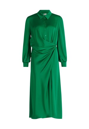 Langes grünes Satinkleid mit Kragen, Knopfleiste, langen Ärmeln, gerafftem Detail an der Taille und einem leichten Schlitz vorne.