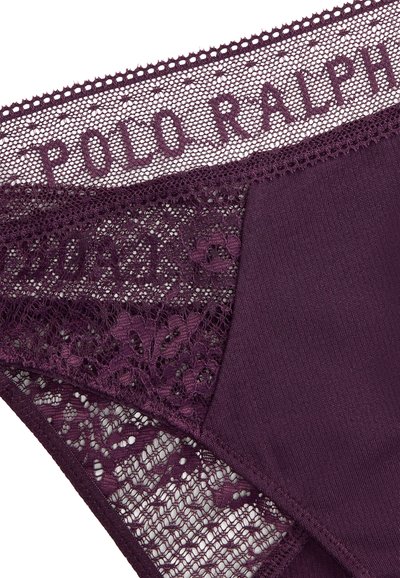 Paarse kant en stof bikini met een bloemenkant paneel en "POLO RALPH" branding bij de tailleband. Zachte textuur, naadloos ontwerp.