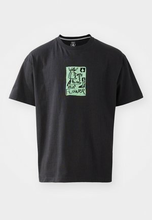 Schwarzes Baumwoll-T-Shirt mit einer grünen grafischen Illustration und dem Wort "FLOWER." Kurze Ärmel und runder Halsausschnitt.