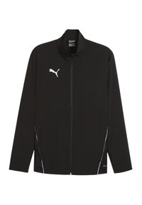 Schwarze Sportjacke mit hohem Kragen, durchgehendem Reißverschluss und weißem Puma-Logo auf der Brust. Mit seitlichen Reißverschlusstaschen und kontrastierenden Nähten.