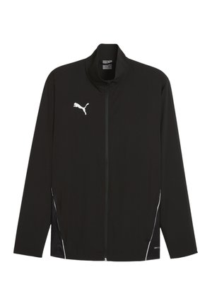 Veste de sport noire avec un col haut, une fermeture éclair à l'avant et un logo Puma blanc sur la poitrine. Elle est dotée de poches zippées sur les côtés et de coutures contrastées.