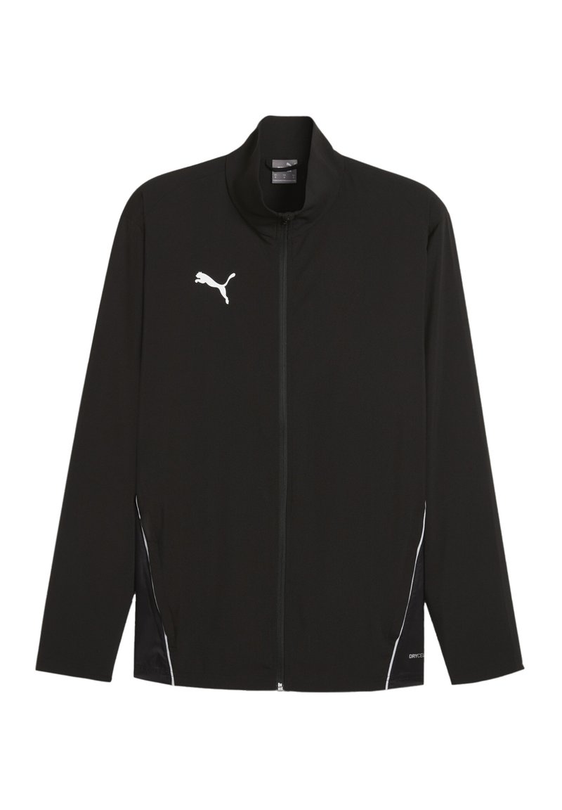 Schwarze Sportjacke mit hohem Kragen, durchgehendem Reißverschluss und weißem Puma-Logo auf der Brust. Mit seitlichen Reißverschlusstaschen und kontrastierenden Nähten.