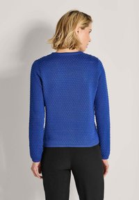 Koninklijk blauwe trui met een gestructureerd, hobbelig patroon. Ronde hals, lange mouwen en een geribbelde zoom. Draag de trui over zwarte broek, gezien vanaf de achterkant.