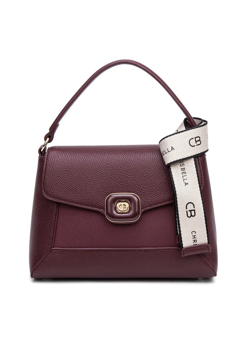 Borsa in pelle bordeaux con una finitura testurizzata, hardware dorato, una chiusura frontale e una tracolla rimovibile con motivo logo.