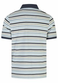 Gestreept poloshirt in tinten blauw, grijs en marineblauw. Heeft korte mouwen en een klassieke kraag. Van katoen met een soepele textuur.